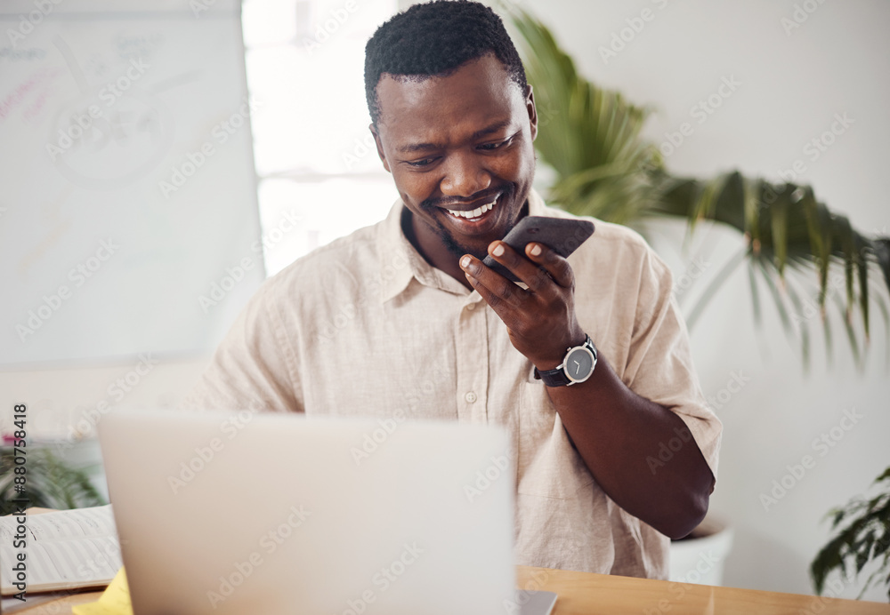 Poster phone call, laptop and business man with mobile in office for conversation, advice or technical supp