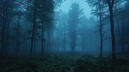 Obraz premium Enchanted forest with dense fog, eerie glow, and mysterious shadows