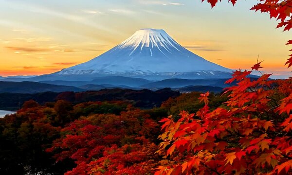 Colorful autumn season and Mountain Fuji with red leaves at lake Kawaguchiko.