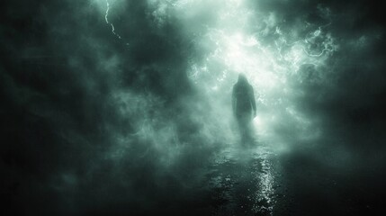Ghostly figure emerging from a foggy forest with shadowy trees