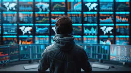 Person analyzing multiple data screens in a control room, monitoring global stock market trends and financial data analytics.