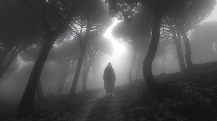 Ghostly figure emerging from a foggy forest with shadowy trees