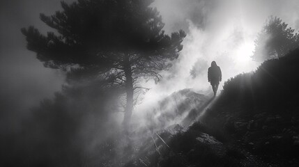 Ghostly figure emerging from a foggy forest with shadowy trees