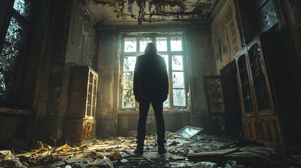 Ghostly silhouette standing in an old, abandoned room with broken windows