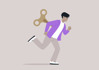 A character with a clockwork key in their back runs with determined steps, their face set in a focused expression