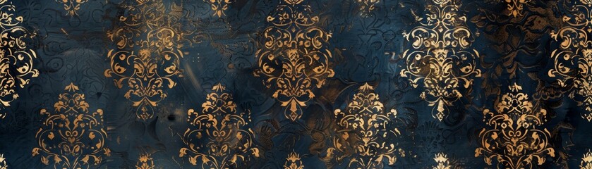 Elegant vintage floral pattern with gold leaves on a dark blue textured background, perfect for invitations, wallpapers, and home decor.