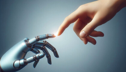 The human finger delicately touches the finger of a robot's metallic finger. Concept of harmonious coexistence of humans and AI technology