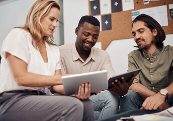 Business, employees and happy with tablet at office on meeting with online research for creative...