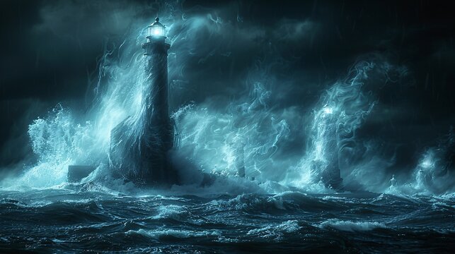 Haunted lighthouse on a stormy night with ghostly figures and crashing waves