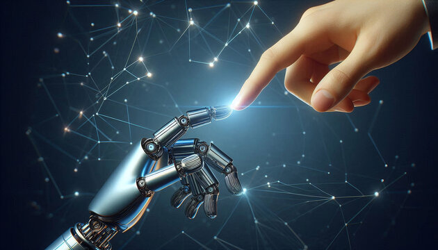 The human finger delicately touches the finger of a robot's metallic finger. Concept of harmonious coexistence of humans and AI technology