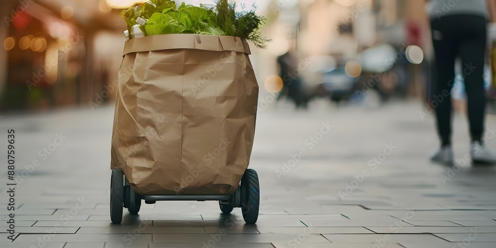 Poster the future of automation in the tech industry robot courier service delivering groceries. concept au