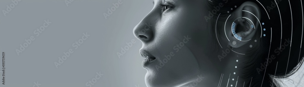 Poster futuristic concept of a humanoid profile with technological enhancements, symbolizing the integratio