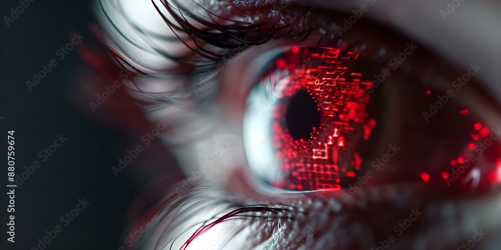 Poster red glowing circles in human eye an augmented reality hud interface. concept augmented reality, eye 