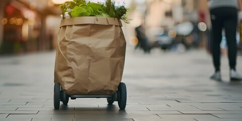 Obraz premium The Future of Automation in the Tech Industry Robot Courier Service Delivering Groceries. Concept Automation in Manufacturing, Robotics in Tech, Autonomous Delivery Services