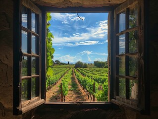 Picturesque view of a lush vineyard bathed in sunlight through an open window in an old building © Riccardo