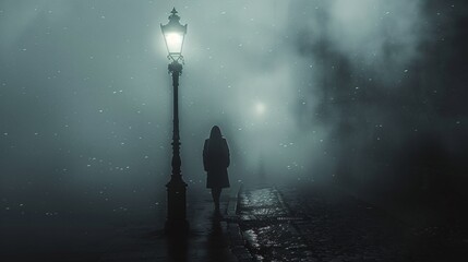 Fototapeta premium Mysterious shadowy figure standing under a flickering streetlamp in a deserted street