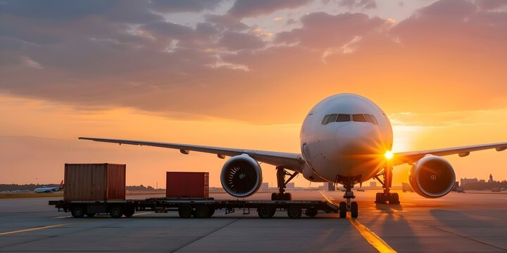 Cargo plane loading and unloading freight containers on airport tarmac at sunset. Concept Cargo Plane, Loading, Unloading, Freight Containers, Airport Tarmac, Sunset