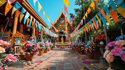 A temple adorned with colorful flags and flowers for Asanha Bucha Day