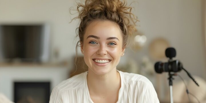 Elegant woman smiling while recording a makeup tutorial with blogging theme. Concept Makeup Tutorial, Elegant Woman, Smiling, Blogging, Beauty Blog