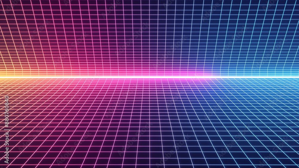 Poster vibrant neon grid background with futuristic retro aesthetic, perfect for designs, games, and tech-t
