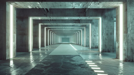 Fototapeta premium Empty Futuristic Modern White Glowing Windows: Along the walls of the corridor, there are futuristic, modern white glowing windows. These windows emit a soft, ambient light that contrasts with the rug