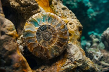 Ammonite, marine fossil lying underwater