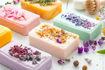 Close-up of colorful handmade soaps with dried flowers and herbs, handmade soap, perfect for gift and souvenir