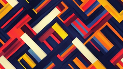 Vibrant abstract geometric pattern with colorful overlapping rectangles in red, yellow, blue, and black hues, creating a dynamic visual effect.