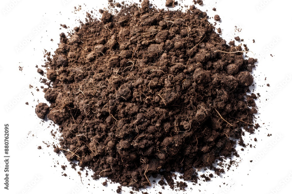 Poster a close-up view of a small pile of dirt on a white surface, suitable for use as a texture or backgro