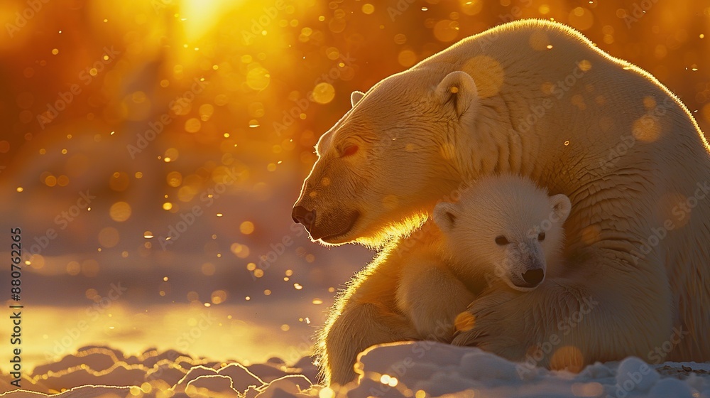 Sticker Polar Bear Mother and Cub Embrace in Golden Sunset