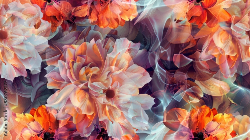 Poster vibrant floral abstract artwork with energetic colors, blending various hues to create a dynamic and