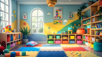 Fototapeta premium Vibrant children's playroom with colorful storage bins, educational toys, and a whimsical mural. A vector background designed for lively and engaging advertising.