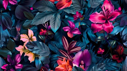 Vibrant floral arrangement with colorful exotic flowers and lush leaves creating a stunning and tropical visual experience.