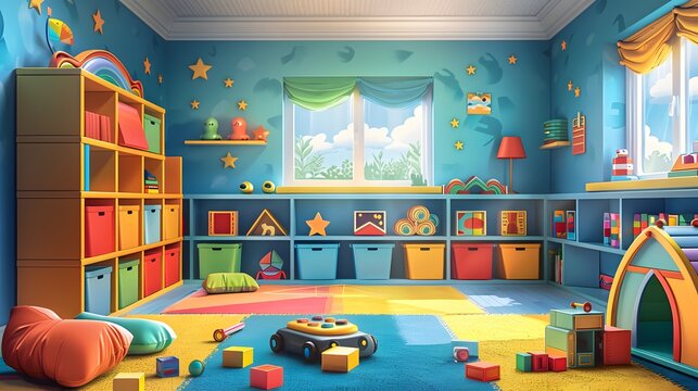 Vibrant children's playroom with colorful storage bins, educational toys, and a whimsical mural. A vector background designed for lively and engaging advertising.