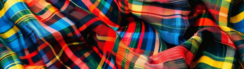 Vibrant, multicolored plaid fabric providing a lively and dynamic pattern, ideal for fashion, design, and textile projects.