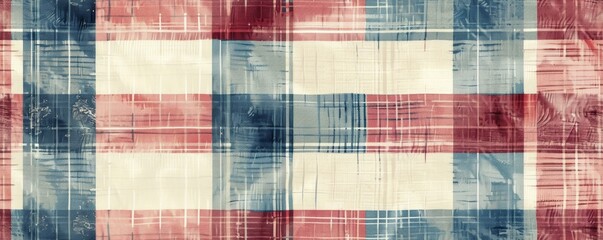Vintage plaid fabric texture with red, blue, and beige colors, suitable for backgrounds, fashion, and design projects.