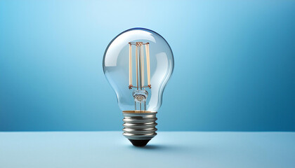 Incandescent light bulb on blue background. Creative concept, innovation technology success