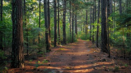 Forest Trail with Sun Rays.