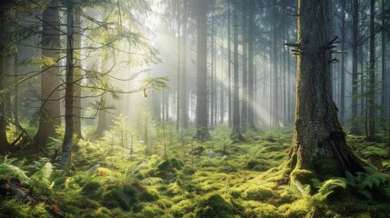 Fototapeta premium Sunbeams through a Misty Forest.