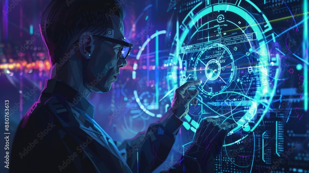 Poster a man interacts with a futuristic digital interface, showcasing advanced technology and graphical da