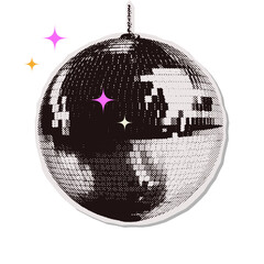 Disco ball halftone collage element. Vector Silver disco ball on a transparent background. Abstract dotted torn out paper party globe.
