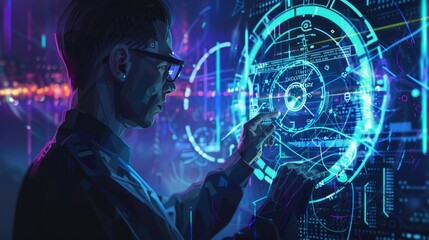 A man interacts with a futuristic digital interface, showcasing advanced technology and graphical data in a neon-lit environment.
