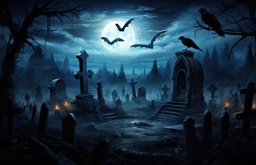 Spooky Graveyard under Full Moon.