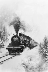 A black and white sketch of a steaming locomotive chugging through a snowy landscape