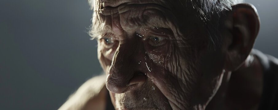 An elderly man crying, with tears reflecting the light, set against a muted grey studio background. The neutral tone emphasizes the rawness of his grief.