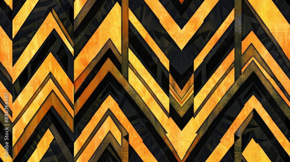 Poster abstract geometric pattern with bold chevrons in black and gold colors, creating a dynamic and moder
