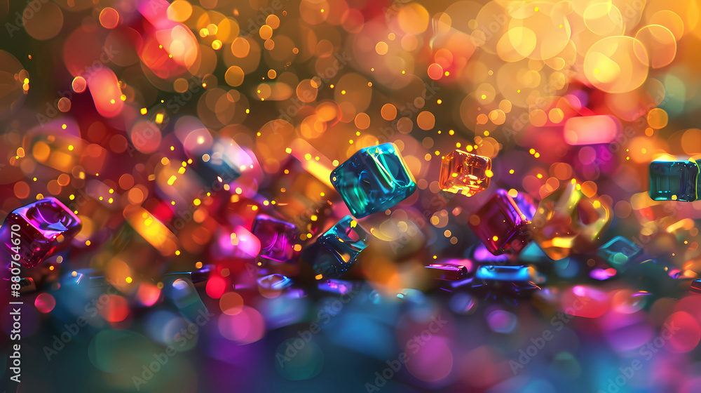 Poster volumetric cubes and rainbow colored balls floating on a festive blurred golden bokeh background