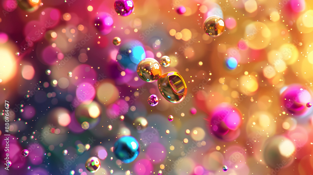 Poster banner with volumetric rainbow colored balls floating on a festive blurred golden bokeh background