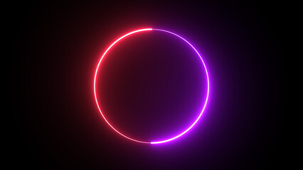 Round neon purple and red frame against the black background of following .A circular neon frame made of  moving neon lights. Empty frame electric power round border glowing, burning flame sign.