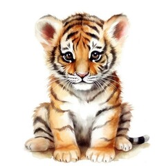 Fototapeta premium Charming watercolor illustration of a baby tiger, capturing the playful and fierce nature of this young feline with detailed realism.